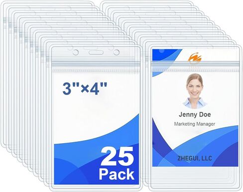 Badge Holder Vertical ID Card Holder Waterproof Zip Plastic Name Badge Holders Clear Name Tag Protector for Nurses, Office and School, Teacher, Lanyard, Travel (25, Vertical 3x4) in Saudi Arabia