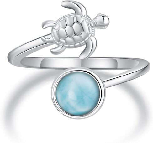 Turtle Ring 925 Sterling Silver Natural Larimar Open Ring Sea Beach Larimar Jewelry Gift for Women Lover in Kuwait