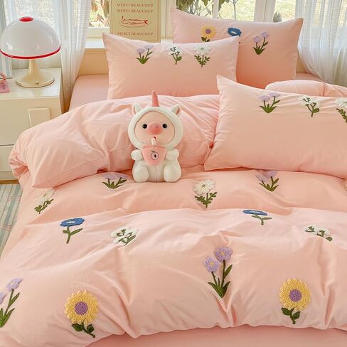 MorroMorn Cotton Duvet Cover Queen Size, Peach Pink Bed Set 3D Embroidery Bedding Sets All Seasons, Chenille Embroidered Comforter Covers Blanket for Girls Kids Teen (Ice Cream Cones, Full/Queen) in Saudi Arabia
