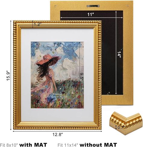 إطار صورة مقاس 11 × 14 ذهبي، حواف مطرزة أنيقة، خشب صلب مع زجاج حقيقي، عرض صور مقاس 11 × 14 مطفية حتى 8 × 10، سطح مكتب رأسي وأفقي أو تعليق على الحائط in Kuwait