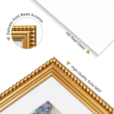 إطار صورة مقاس 11 × 14 ذهبي، حواف مطرزة أنيقة، خشب صلب مع زجاج حقيقي، عرض صور مقاس 11 × 14 مطفية حتى 8 × 10، سطح مكتب رأسي وأفقي أو تعليق على الحائط in Kuwait