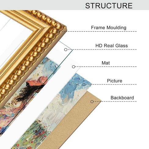 إطار صورة مقاس 11 × 14 ذهبي، حواف مطرزة أنيقة، خشب صلب مع زجاج حقيقي، عرض صور مقاس 11 × 14 مطفية حتى 8 × 10، سطح مكتب رأسي وأفقي أو تعليق على الحائط in Kuwait