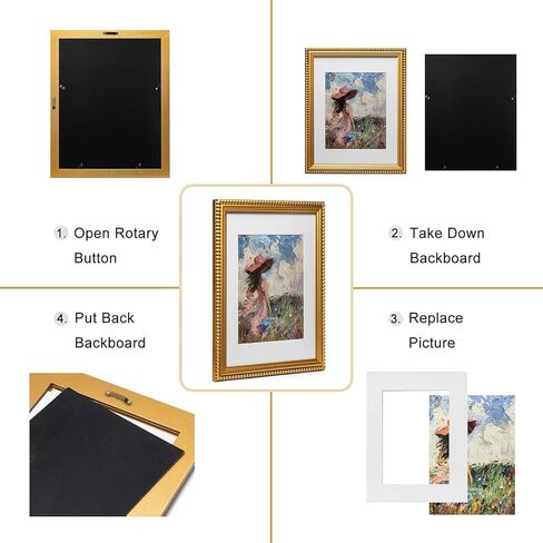 إطار صورة مقاس 11 × 14 ذهبي، حواف مطرزة أنيقة، خشب صلب مع زجاج حقيقي، عرض صور مقاس 11 × 14 مطفية حتى 8 × 10، سطح مكتب رأسي وأفقي أو تعليق على الحائط in Kuwait