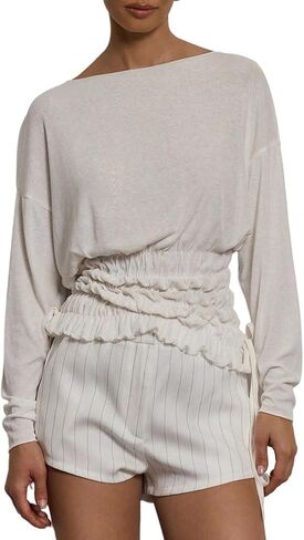 Women Trendy Boat Neck Long Sleeve Smocked T Shirt Fall Elegant Drawstring Asymmetrical Hem Shirred Shirt Tops in Kuwait