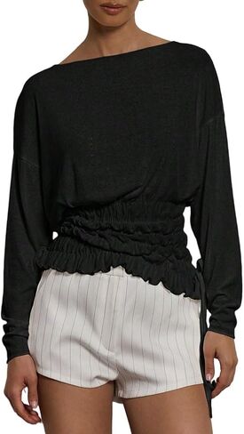 Women Trendy Boat Neck Long Sleeve Smocked T Shirt Fall Elegant Drawstring Asymmetrical Hem Shirred Shirt Tops in Saudi Arabia