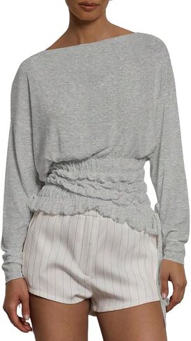 Women Trendy Boat Neck Long Sleeve Smocked T Shirt Fall Elegant Drawstring Asymmetrical Hem Shirred Shirt Tops in Saudi Arabia