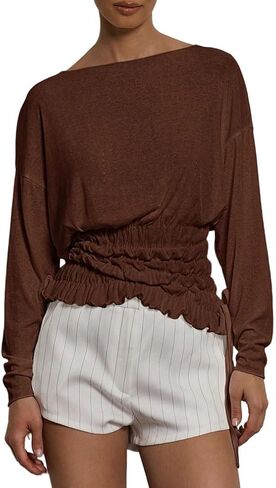 Women Trendy Boat Neck Long Sleeve Smocked T Shirt Fall Elegant Drawstring Asymmetrical Hem Shirred Shirt Tops in Saudi Arabia