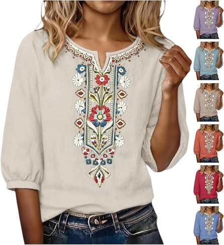Embroidered Gauze Shirts For Women Casual Summer 3/4 Sleeve Floral Boho Linen Shirt Lightweight Flowy Tunic Blouses in Saudi Arabia
