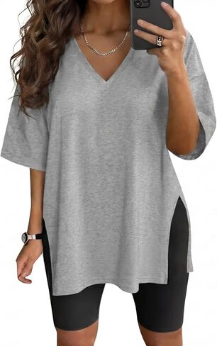 تي شيرت VNIRA مصنوع من القطن مقاس كبير للنساء برقبة على شكل حرف V صيفي كاجوال in Kuwait