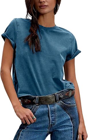 تي شيرتات كلاسيكية للنساء، قمصان قصيرة غير رسمية مغسولة وأكمام قصيرة، تيشيرتات قطنية صيفية أساسية، عصرية in Kuwait