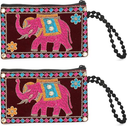 حقيبة عملات معدنية على شكل فيل مطرزة مع سوار معصم قطني، تطريز بخيوط متعددة الألوان، 7.5x4.5 بوصة، عبوتان (أزرق) in Kuwait