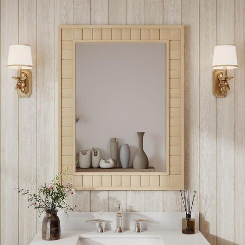 37"x28" Wood Framed Wall Mirror - Large Rectangular Bathroom Vanity Mirror, Natural Oak Solid Wood Frame, Farmhouse Rustic Decor for Bedroom, Living Room, Entryway,Walnut Brown in Saudi Arabia