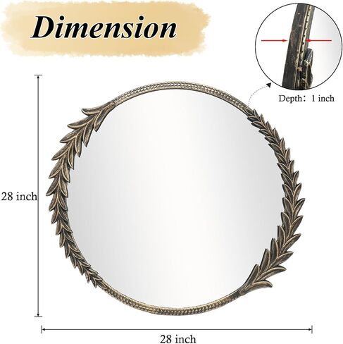 مرآة حائط دائرية كلاسيكية، مرآة زخرفية مقاس 28 بوصة بإطار معدني، لون أسود عتيق in Kuwait