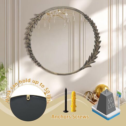 مرآة حائط دائرية كلاسيكية، مرآة زخرفية مقاس 28 بوصة بإطار معدني، لون أسود عتيق in Kuwait