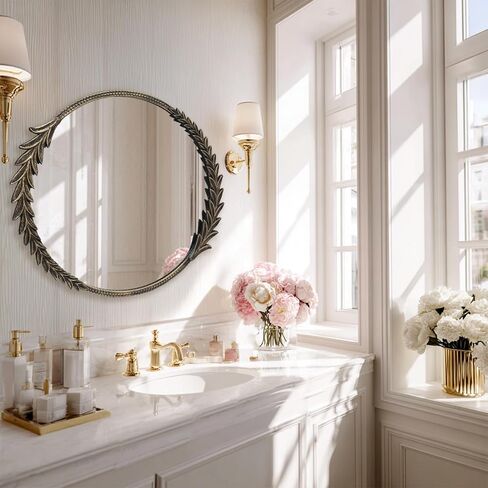 مرآة حائط دائرية كلاسيكية، مرآة زخرفية مقاس 28 بوصة بإطار معدني، لون أسود عتيق in Kuwait