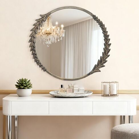 مرآة حائط دائرية كلاسيكية، مرآة زخرفية مقاس 28 بوصة بإطار معدني، لون أسود عتيق in Kuwait