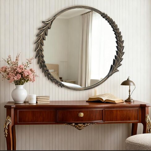 مرآة حائط دائرية كلاسيكية، مرآة زخرفية مقاس 28 بوصة بإطار معدني، لون أسود عتيق in Kuwait