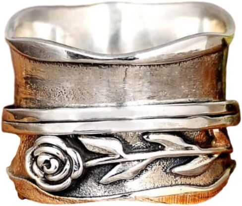 Blooming Rose Flower Wide Band Ring for Women Retro 925 Sterling Silver Floral Chunky Ring Vintage Ring Boho Stainless Steel Flower and Leaf Promise Statement Anniversary Ring in Saudi Arabia