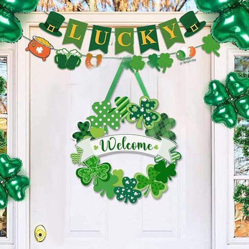 إكليل شامروك للديكور في عيد القديس باتريك للباب الأمامي للترحيب بيوم القديس باتريك، لافتة باب أيرلندية معلقة لديكور المنزل والحفلات الخارجية والداخلية in Kuwait
