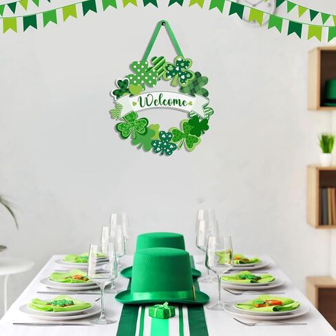 إكليل شامروك للديكور في عيد القديس باتريك للباب الأمامي للترحيب بيوم القديس باتريك، لافتة باب أيرلندية معلقة لديكور المنزل والحفلات الخارجية والداخلية in Kuwait