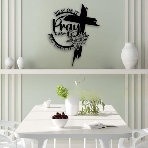 Cross "Pray Over It" Flower Metal Wall Decor - Christian Room Decor Inspirational Wall Art Home Decor for Living Room, Bedroom, Dining Room, Bathroom, Office (Black) in Saudi Arabia