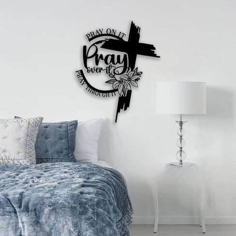 Cross "Pray Over It" Flower Metal Wall Decor - Christian Room Decor Inspirational Wall Art Home Decor for Living Room, Bedroom, Dining Room, Bathroom, Office (Black) in Saudi Arabia
