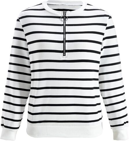 Women's Striped Zipper Front Sweatshirt Old Money Long Sleeve Crewneck Dressy Casual Pullover Tops in Saudi Arabia