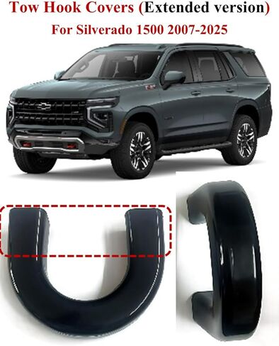 (Extended Version) Tow Hook Covers for Silverado 1500 2007-2026 and GMC Sierra 1500 2007-2019, Front Hitch Cover Compatible with Silverado 1500 Accessories, Not fit Verticle Tow Hooks (Black) in Saudi Arabia