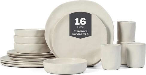 Stone by Mercer Project HEKONDA Modern Stoneware 32-Piece Dinnerware Set, Plate and Bowl Set, Dish Set for 8, Beige in Saudi Arabia