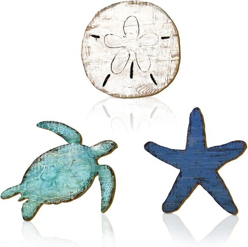 AceOrbit 3 Pcs Vintage Coastal Wooden Wall Decor Ocean Sea Turtle, Starfish & Sand Dollar Wall Art Rustic Beach Theme Hanging Decoration Gifts for Living Room, Bathroom, Bedroom in Kuwait