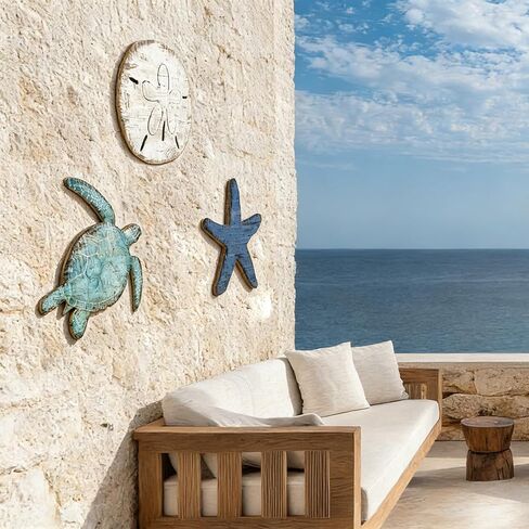 AceOrbit 3 Pcs Vintage Coastal Wooden Wall Decor Ocean Sea Turtle, Starfish & Sand Dollar Wall Art Rustic Beach Theme Hanging Decoration Gifts for Living Room, Bathroom, Bedroom in Kuwait