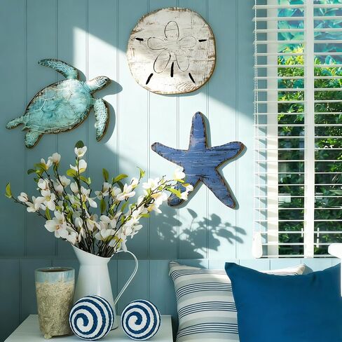 AceOrbit 3 Pcs Vintage Coastal Wooden Wall Decor Ocean Sea Turtle, Starfish & Sand Dollar Wall Art Rustic Beach Theme Hanging Decoration Gifts for Living Room, Bathroom, Bedroom in Kuwait