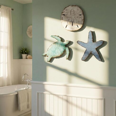 AceOrbit 3 Pcs Vintage Coastal Wooden Wall Decor Ocean Sea Turtle, Starfish & Sand Dollar Wall Art Rustic Beach Theme Hanging Decoration Gifts for Living Room, Bathroom, Bedroom in Kuwait