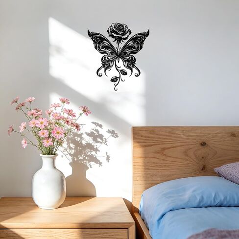JEWLOVE Butterfly and Rose Metal Wall Decor - Black Metal Flowers Wall Art for Home, Rustic Modern Wall Hanging for Living Room, Bedroom, Garden, 11.9 x 10.6 Inches in Kuwait