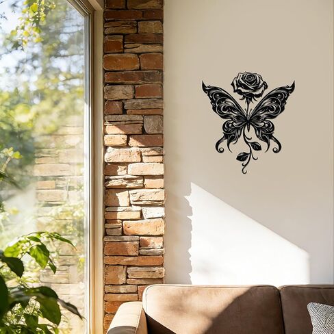 JEWLOVE Butterfly and Rose Metal Wall Decor - Black Metal Flowers Wall Art for Home, Rustic Modern Wall Hanging for Living Room, Bedroom, Garden, 11.9 x 10.6 Inches in Kuwait