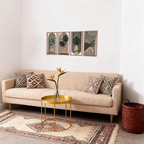 SHENGTIAN Boho مجموعة فنون جدارية تجريدية مكونة من 4 قطع، ديكور حائط خشبي بسيط حديث، فن جدار أخضر هندسي جمالي نباتي، لغرفة المعيشة، غرفة النوم، المكتب in Kuwait