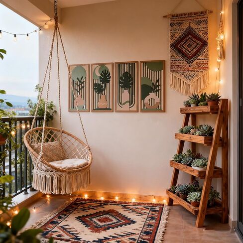 SHENGTIAN Boho مجموعة فنون جدارية تجريدية مكونة من 4 قطع، ديكور حائط خشبي بسيط حديث، فن جدار أخضر هندسي جمالي نباتي، لغرفة المعيشة، غرفة النوم، المكتب in Kuwait