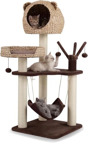 Tangkula Modern Cat Tree Tower, Multi-Level Tall Activity Center with Natural Sisal Scratching Posts, Hammock, Hand-Made Cattail Cute Condo with Funny Toy Balls in Kuwait