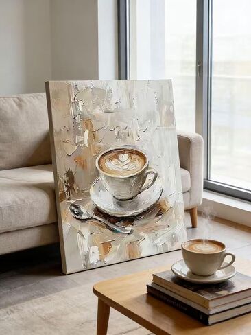Framed Coffee Wall Art, Modern Still Life Coffee Cup Canvas Prints, Minimalist aesthetics, 12x16 Inch, Neutral Warm Kitchen Dining Decor in Saudi Arabia