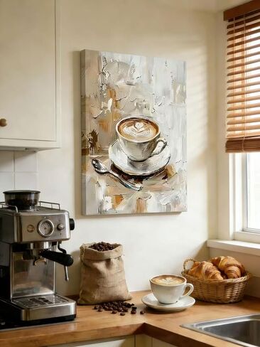 Framed Coffee Wall Art, Modern Still Life Coffee Cup Canvas Prints, Minimalist aesthetics, 12x16 Inch, Neutral Warm Kitchen Dining Decor in Saudi Arabia