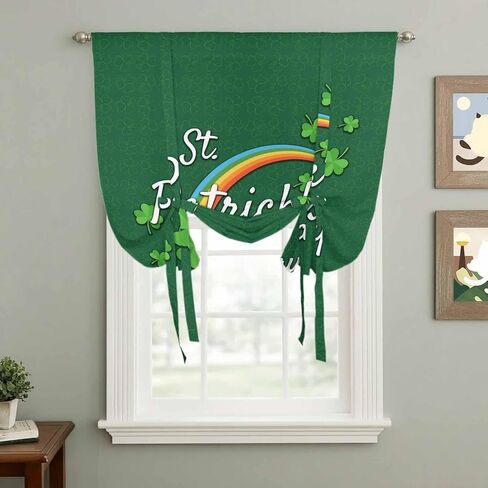 St. Patrick's Day Tie Up Curtains for Window, Spring Dark Green Shamrock Rainbow Thermal Insulated Balloon Shade Adjustable Rod Pocket Curtains Valance Panels for Kitchen Bathroom Café 42'' x 63'' in Saudi Arabia