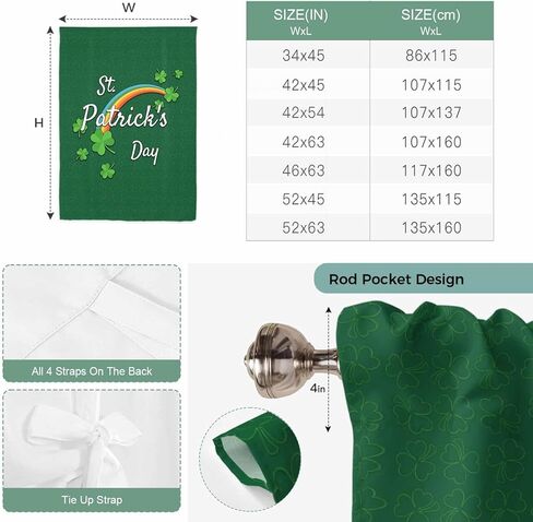 St. Patrick's Day Tie Up Curtains for Window, Spring Dark Green Shamrock Rainbow Thermal Insulated Balloon Shade Adjustable Rod Pocket Curtains Valance Panels for Kitchen Bathroom Café 42'' x 63'' in Saudi Arabia