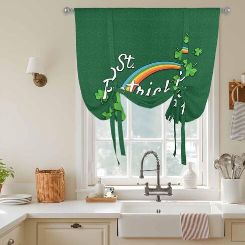 St. Patrick's Day Tie Up Curtains for Window, Spring Dark Green Shamrock Rainbow Thermal Insulated Balloon Shade Adjustable Rod Pocket Curtains Valance Panels for Kitchen Bathroom Café 42'' x 63'' in Saudi Arabia