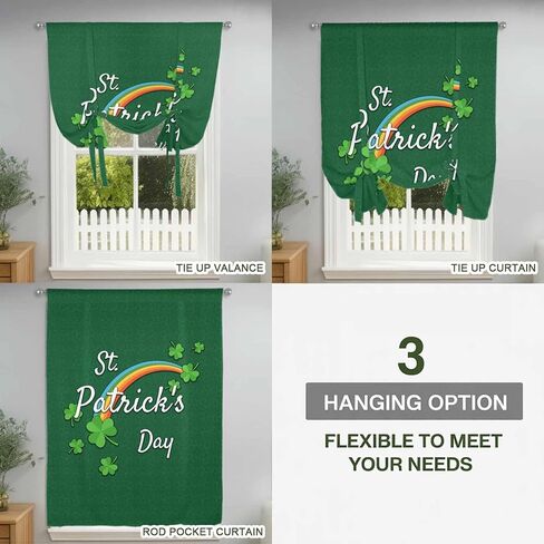 St. Patrick's Day Tie Up Curtains for Window, Spring Dark Green Shamrock Rainbow Thermal Insulated Balloon Shade Adjustable Rod Pocket Curtains Valance Panels for Kitchen Bathroom Café 42'' x 63'' in Saudi Arabia