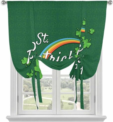 St. Patrick's Day Tie Up Curtains for Window, Spring Dark Green Shamrock Rainbow Thermal Insulated Balloon Shade Adjustable Rod Pocket Curtains Valance Panels for Kitchen Bathroom Café 42'' x 63'' in Saudi Arabia