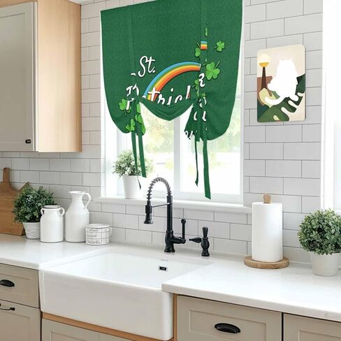 St. Patrick's Day Tie Up Curtains for Window, Spring Dark Green Shamrock Rainbow Thermal Insulated Balloon Shade Adjustable Rod Pocket Curtains Valance Panels for Kitchen Bathroom Café 42'' x 63'' in Saudi Arabia