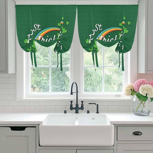 St. Patrick's Day Tie Up Curtains for Window, Spring Dark Green Shamrock Rainbow Thermal Insulated Balloon Shade Adjustable Rod Pocket Curtains Valance Panels for Kitchen Bathroom Café 42'' x 63'' in Saudi Arabia