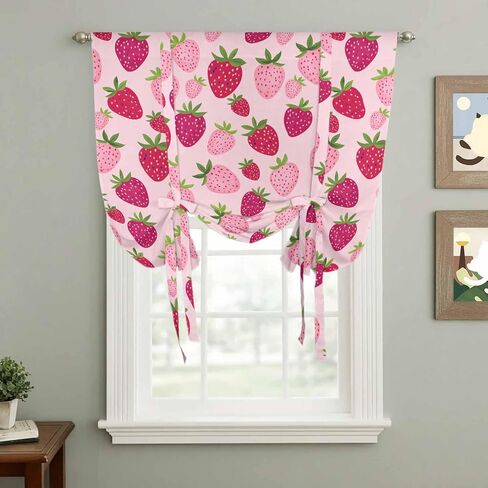 Red Pink Strawberry Tie Up Curtains for Window, Pink Lovely Summer Spring Fruit Thermal Insulated Balloon Shade Adjustable Rod Pocket Curtains Valance Panels for Kitchen Bathroom Café 42'' x 54'' in Saudi Arabia