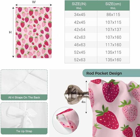 Red Pink Strawberry Tie Up Curtains for Window, Pink Lovely Summer Spring Fruit Thermal Insulated Balloon Shade Adjustable Rod Pocket Curtains Valance Panels for Kitchen Bathroom Café 42'' x 54'' in Saudi Arabia