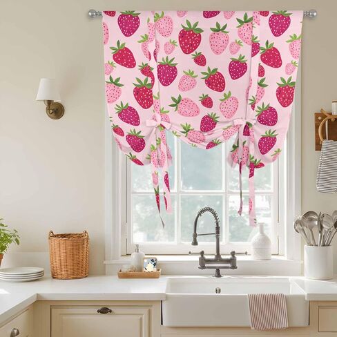 Red Pink Strawberry Tie Up Curtains for Window, Pink Lovely Summer Spring Fruit Thermal Insulated Balloon Shade Adjustable Rod Pocket Curtains Valance Panels for Kitchen Bathroom Café 42'' x 54'' in Saudi Arabia